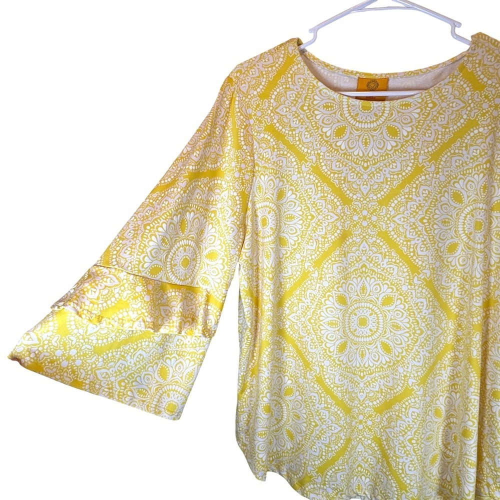 Ruby Rd Women's Petite L Yellow Ruffle Bell Sleeve Blouse Yellow White Cottage